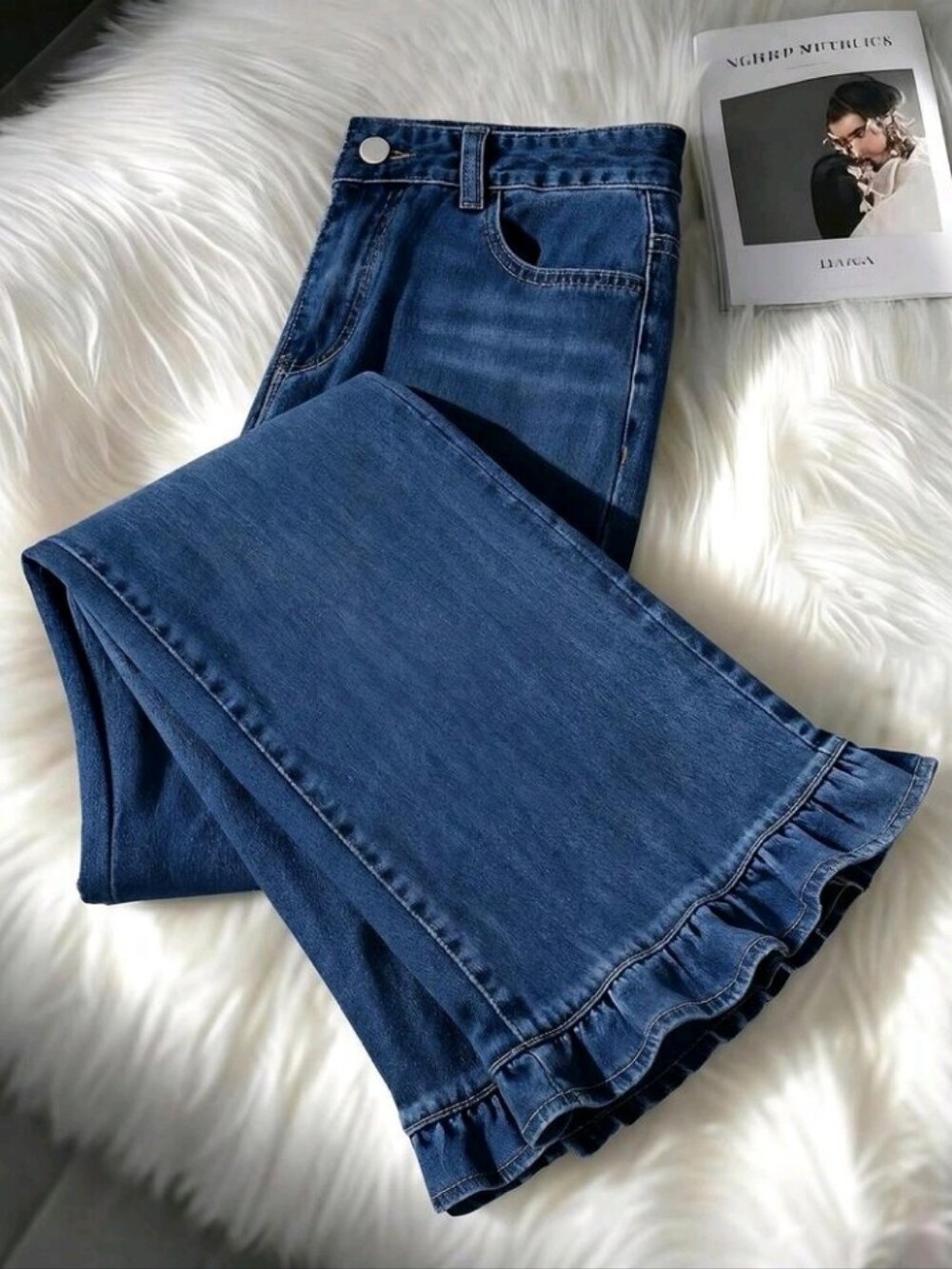 Women's Casual Washed Ruffled Flare Leg Jeans